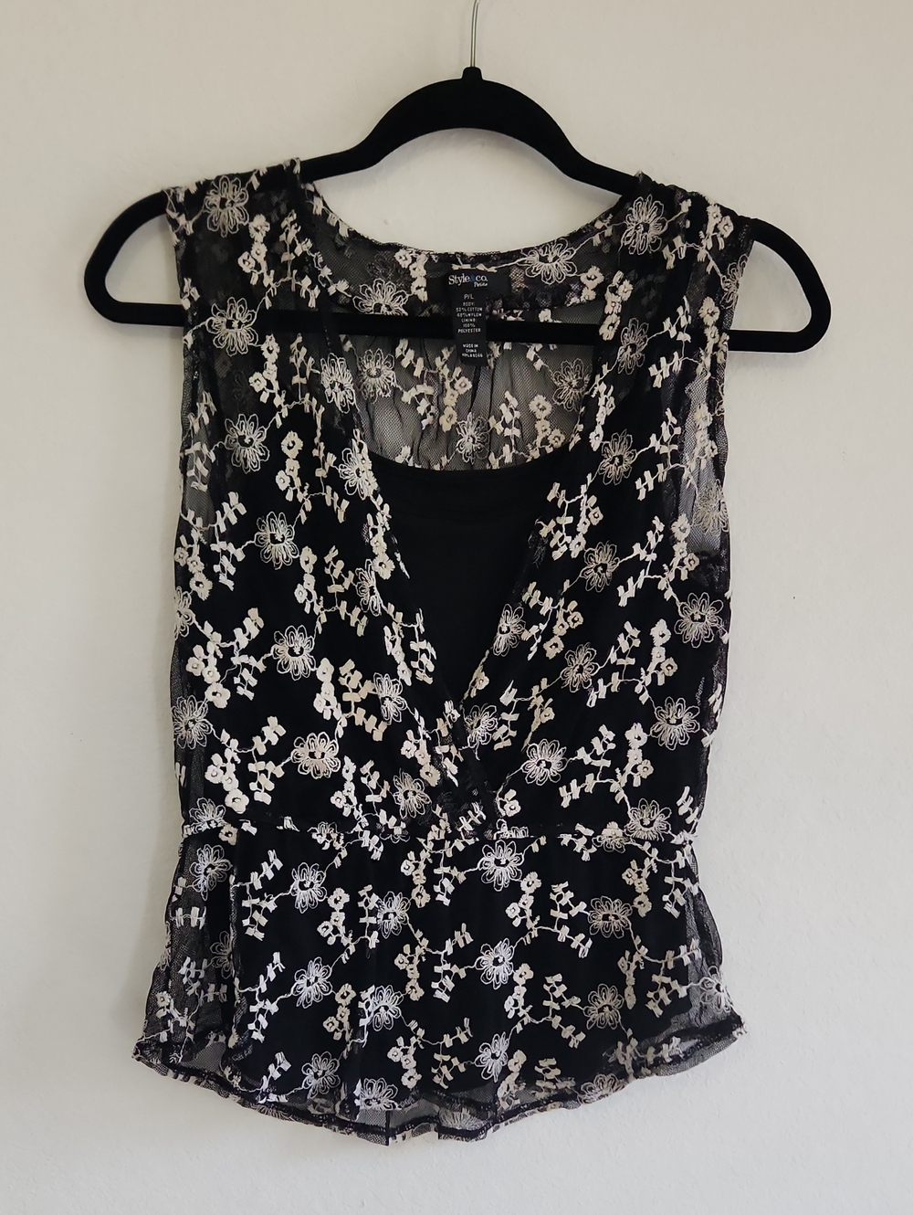 90s Romantic Floral Lace Embroidered Mesh Peplum Top Black White P/L